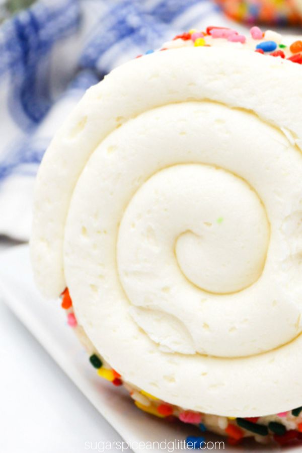 close-up showing the thick swirl of vanilla frosting on a milkshake cookie