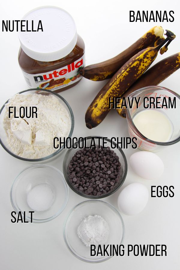labeled ingredient image showing what is needed to make Nutella Banana Bread