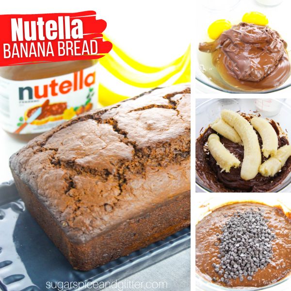 composite image of Nutella Banana Bread along with three images showing how to make the recipe