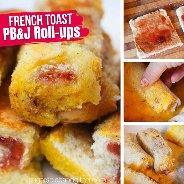 composite image of a close-up of pb&j roll-ups along with three images showing how to make the recipe