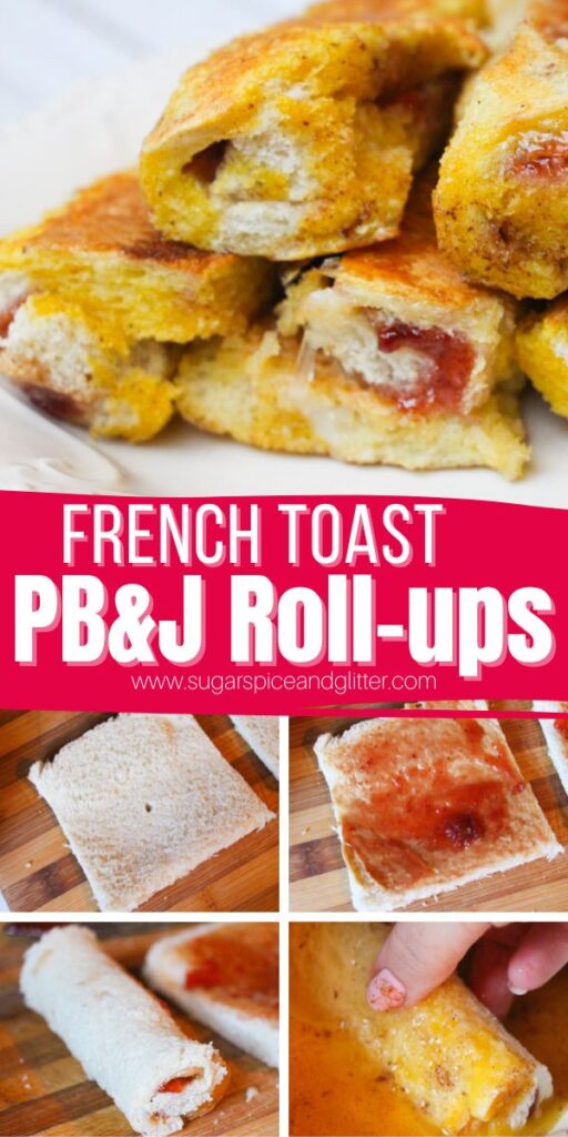 A fun breakfast mash-up with classic peanut butter and jelly and French toast, today's PB&J French Toast Roll-ups are like a stuffed French toast without all the extra work or extra slice of bread. These buttery, rich and lightly crispy French toast rolls are perfect for on-the-go breakfasts or a decadent lunch box treat.