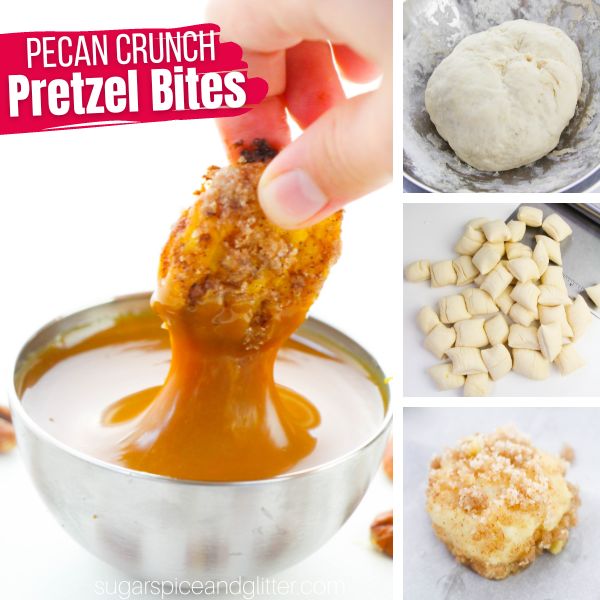 composite image of a pecan crunch pretzel bite being dipped in caramel sauce along with three in-process images of how to make the pretzel bites