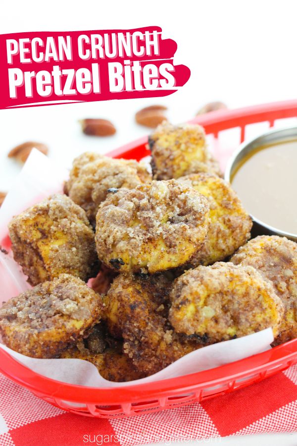 Pecan crunch pretzel bites is the perfect fall dessert with sweet, warming spices incorporate with caramelized pecans and tangy, yeasted pretzel dough.The ultimate fall treat to serve at any Halloween or fall party.