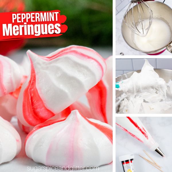 composite image of peppermint meringue cookies plus three images showing how to make them