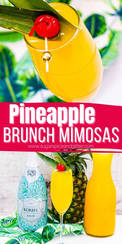 How to make pineapple mimosas with the cutest garnishes! These easy champagne cocktails are the perfect tropical twist for your special brunch get-togethers