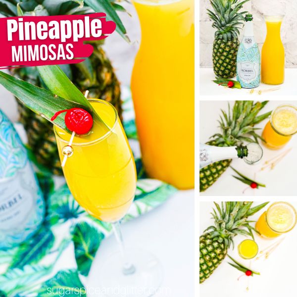 composite image of a pineapple mimosa along with the ingredients needed to make it and the process of making it