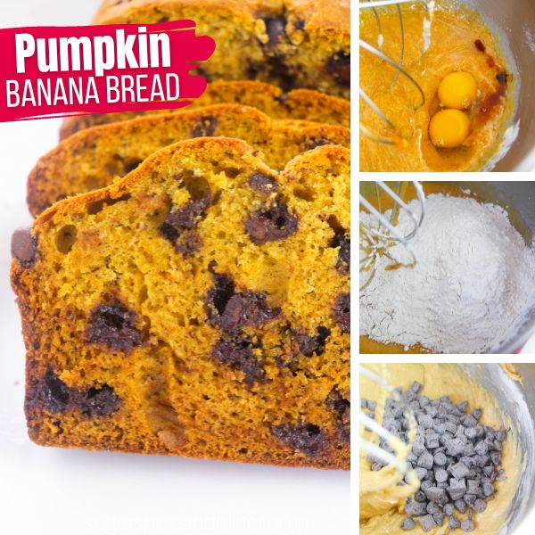 composite image of chocolate chip pumpkin banana bread along with three in-process images of how to make it