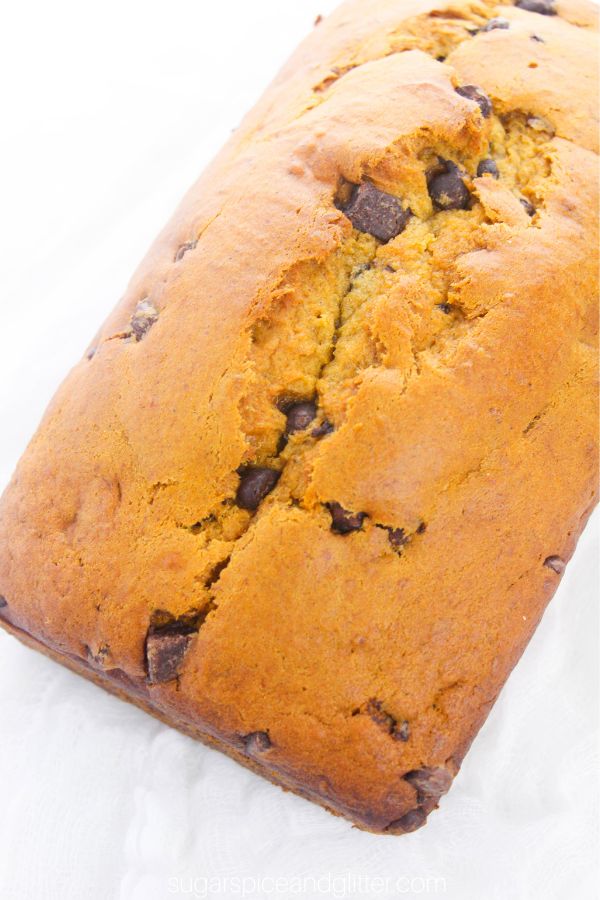overhead image of pumpkin banana bread with chocolate chips