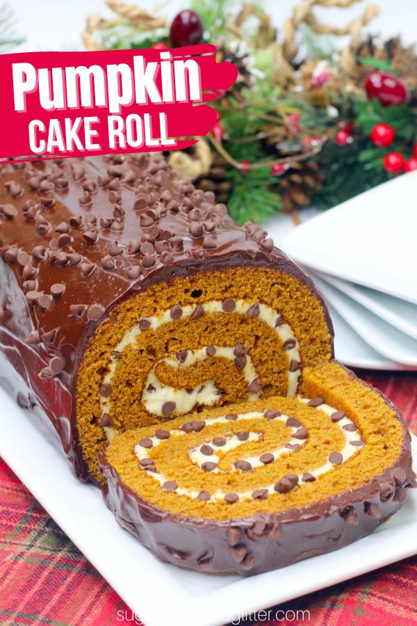 This cozy fall dessert has it all: a light, spongy and spiced pumpkin cake roll with a silky, tangy cream cheese frosting and plenty of chocolate (in the forms of a chocolate ganache topping and little pops of chocolate chips throughout the frosting layer).