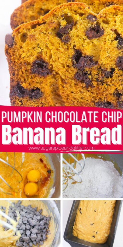 Pumpkin Banana Bread with chocolate chips is fall quick bread with warming spices and aromatic vanilla elevating the natural sweetness of the bananas and pumpkin.