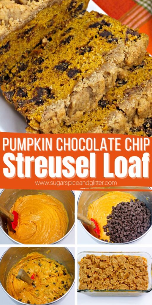 Pumpkin Streusel Coffee Cake is a moist, dense loaf cake with a crunchy, cinnamon-brown sugar topping studded with morsels of melted chocolate chips. A decadent fall treat that is just as perfect being served at brunch as it is being served after a fall meal.