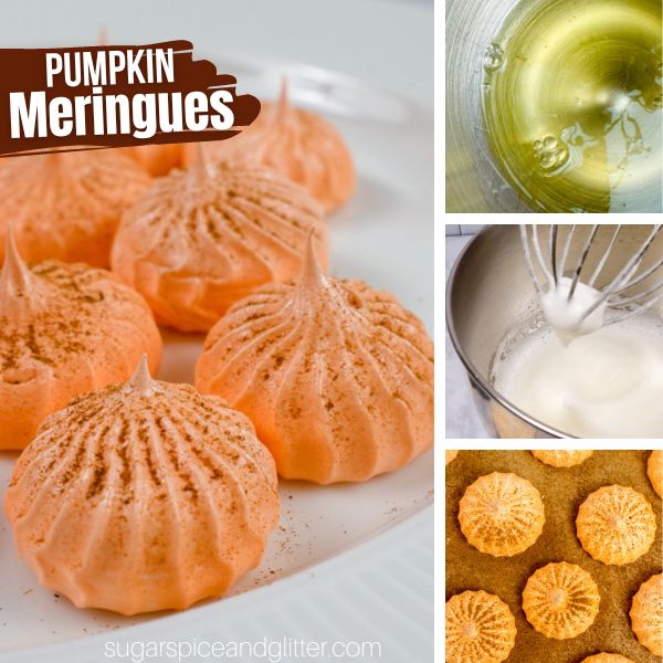 composite image of pumpkin meringues dusted with pumpkin pie spice along with three images showing how to make them