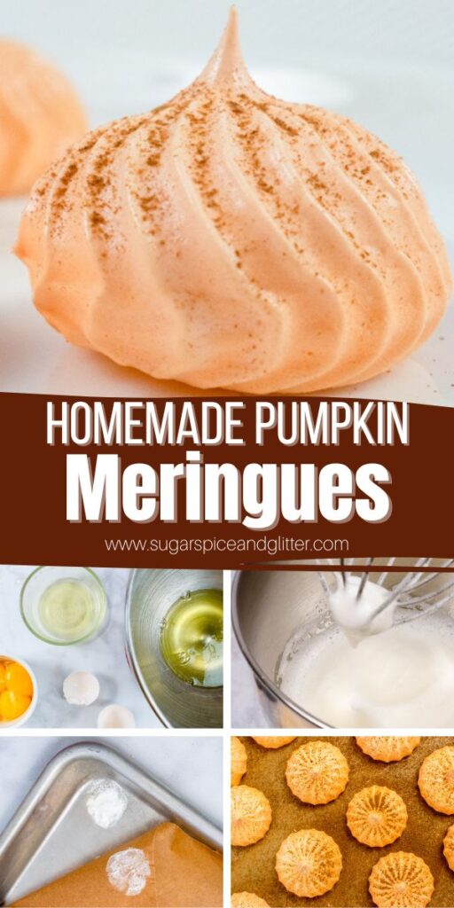 Pumpkin spice meringues are delicate and crispy with a chewy interior. Pumpkin pie flavoring and pumpkin spice balances out the sugary sweet flavor of the meringues. They are perfect for enjoying on their own or use as edible decor on other desserts.