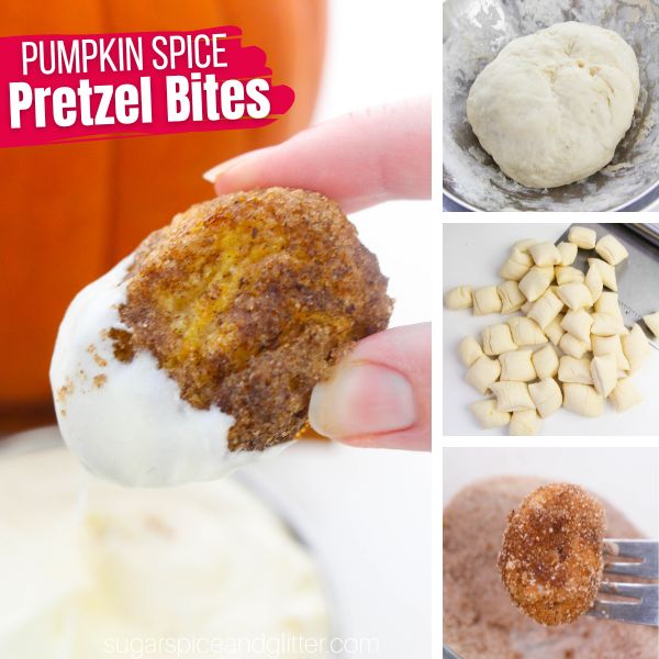 composite image of a pumpkin spice pretzel bite dipped in cream cheese dip along with three in-process images of how to make pumpkin spice pretzel bites