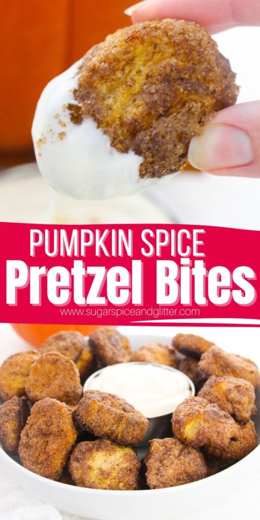 Sweet, soft and chewy Pumpkin Spice Pretzel Bites are a delicious fall treat that are sure to rival anything you can find at your local pretzel kiosk. A buttery, pillowy soft treat with sweet and warming spices coating a tangy, yeasted pretzel dough.