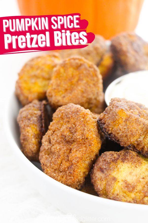 Pumpkin spice pretzel bites are the perfect fall treat, especially for Halloween parties or Super Bowl get-togethers. The toothsome, chewy texture is so satisfying when paired with the sweet sugar and warm pumpkin spices coating the butter drenched pretzel bites.