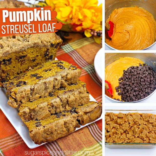 composite image of pumpkin coffee cake along with three in-process images showing how to make it