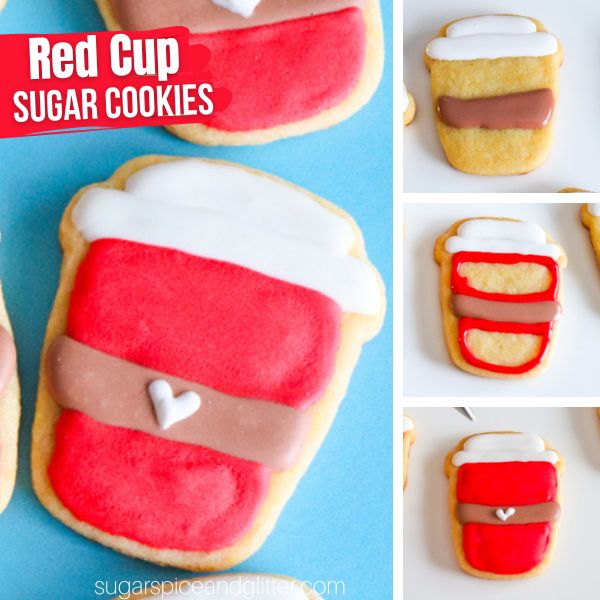 composite image of a Red Cup Sugar cookie plus three images showing how to decorate it