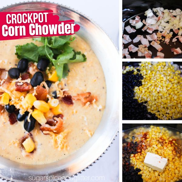 composite image of a silver bowl full of crockpot corn chowder along with three in-process images of how to make it