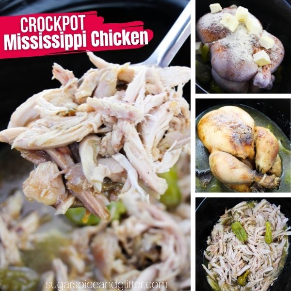 composite image of a spoon full of Mississippi Chicken along with three in-process images of how to make it in the Crockpot