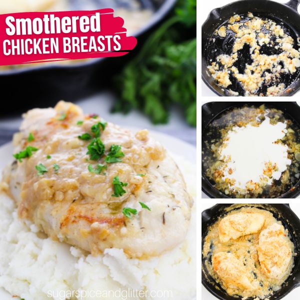 composite image of a chicken breast smothered in onion gravy and garnished with parsley overtop of a bed of mashed potatoes on a white plate plus three in-process images showing how to make smothered chicken