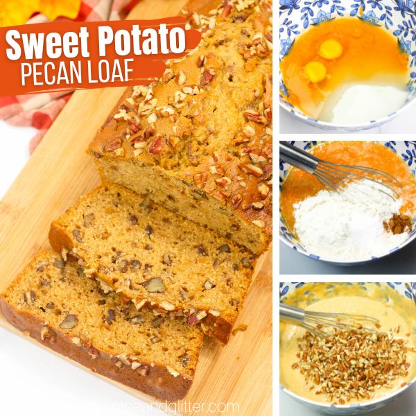 composite image of a loaf of sweet potato bread topped with toasted pecans along with three in-process images of how to make it
