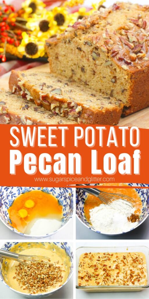 Classic Southern-Style Sweet Potato Bread with a hint of pumpkin pie spice and plenty of tender pecans throughout the bread and toasted, crunchy pecans on top. It's the perfect fall snack cake for enjoying with a cup of coffee or tea.