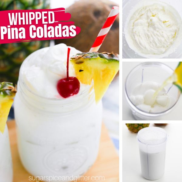 composite image of a close-up of a mason jar filled with whipped pina colada garnished with a cherry and pineapple wedge along with three in-process images of how to make it