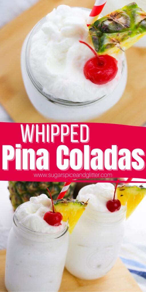 This Whipped Pina Colada is a smooth, frothy frozen cocktail with a luscious pineapple whipped cream topping. It's the perfect summer cocktail to enjoy with friends - or make it virgin for a family-friendly treat.