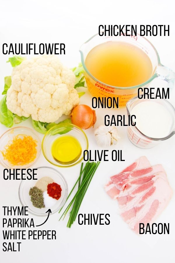 labeled image showing ingredients needed to make loaded cauliflower soup