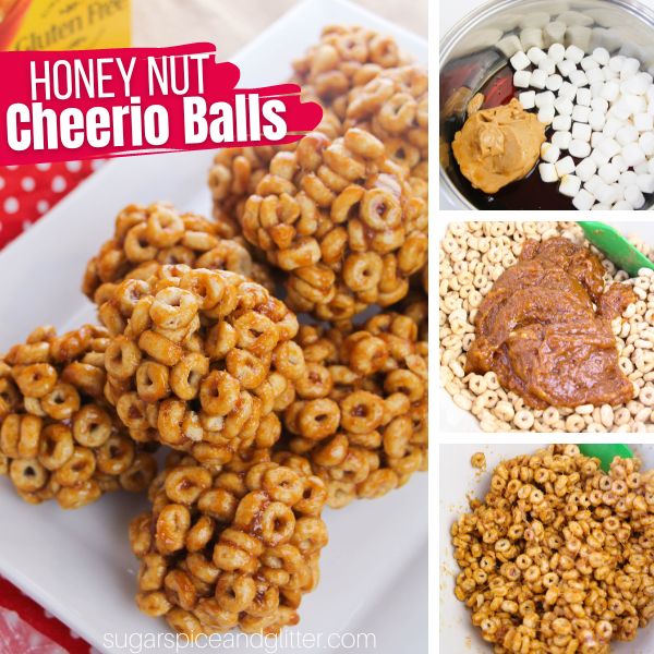 composite image of honey nut cheerio balls on a white platter on top of a red polka dot napkin plus three in-process images of how to make them