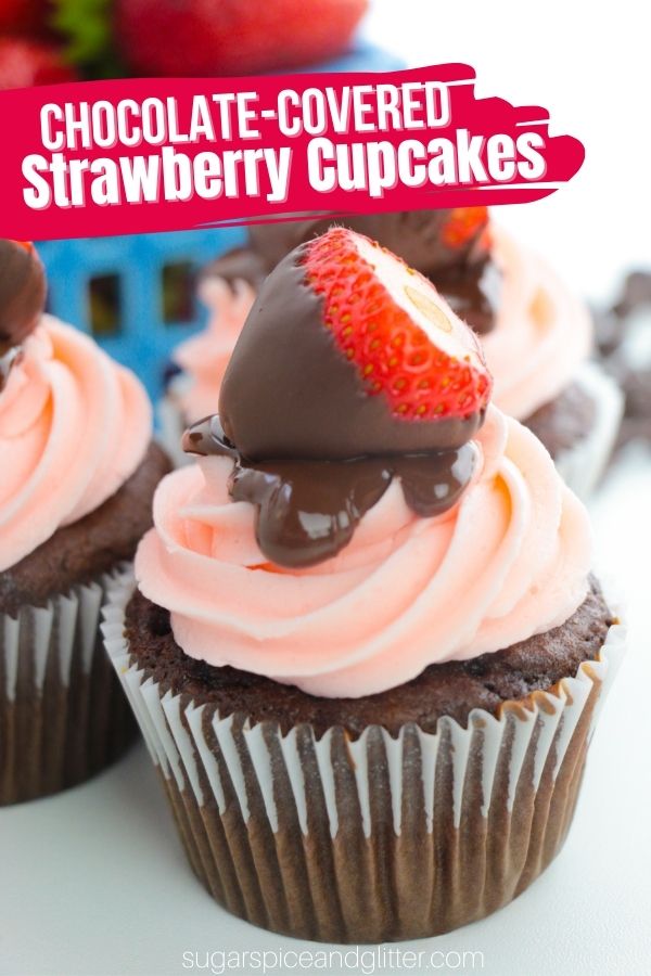 Decadent Chocolate-Covered Strawberry Cupcakes featuring a luscious, homemade strawberry buttercream and freshly-dipped, chocolate-covered strawberries. A deceptively simple dessert that is as gorgeous as it is delicious.