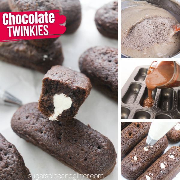 composite image showing chocolate twinkies plus three images showing how to make them