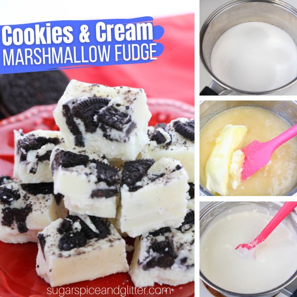 composite image of OREO fudge plus three images showing how to make the fudge