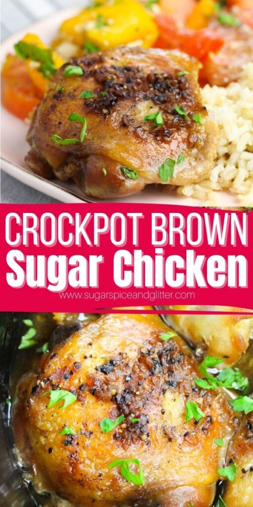 Succulent, sweet and savory Crockpot Brown Sugar Chicken is made with just 3 ingredients (plus salt and pepper). This easy weeknight meal can be enjoyed whole or shredded to be served as sandwiches, tacos, on top of salads, etc.