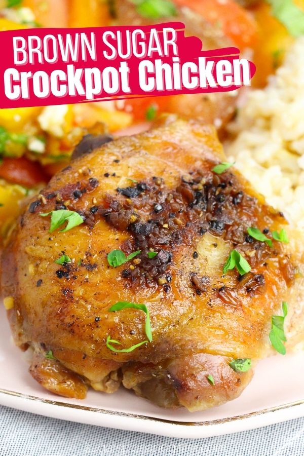 A simple 3-ingredient Crockpot Garlic Brown Sugar Chicken recipe perfect for busy weeknights. This easy chicken recipe is savoury, sweet and tender with juicy, bone-in chicken thighs bringing amazing flavor.