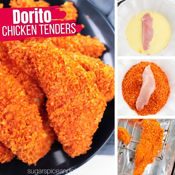 composite image of a plate of dorito chicken tenders along with three in-process images of how to make them