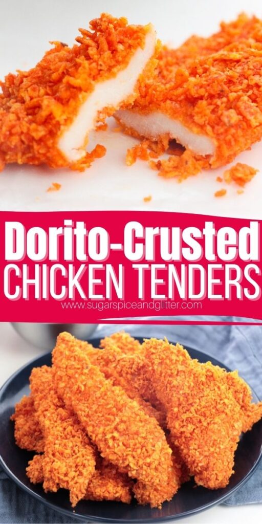 These Dorito Chicken Tenders are a fun homemade breaded chicken tenders recipe the kids are going to ask for again and again! Cheesy, crunchy doritos are used in place of a traditional breadcrumb coating for a burst of zesty flavor. 