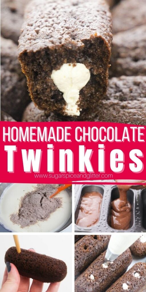 Homemade Chocolate Twinkies recipe is a fun twist on the classic snack cake - and in my opinion, they taste way better than the originals! This recipe features a simple homemade chocolate sponge cake filled with semi-homemade marshmallow cream filling.