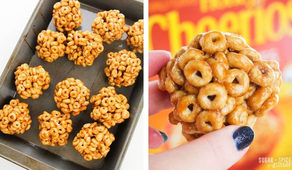 in-process images of how to make honey nut cheerio balls