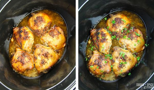 in-process images of how to make brown sugar garlic chicken in the crockpot