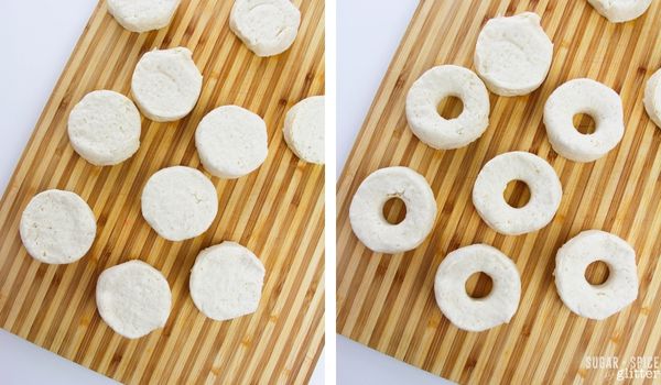 in-process images of how to make lemon-glazed biscuit donuts