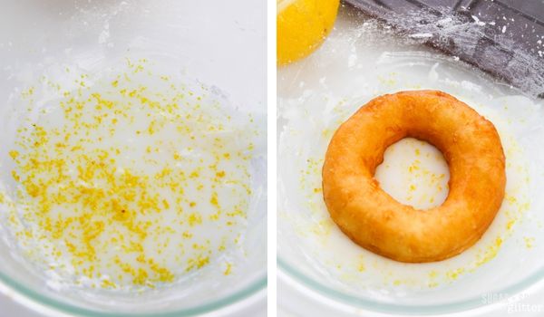 in-process images of how to make lemon-glazed biscuit donuts