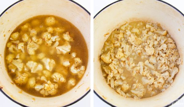 in-process images of how to make loaded cauliflower soup