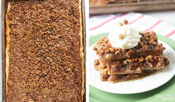 in-process images of how to make sheet pan pecan pie