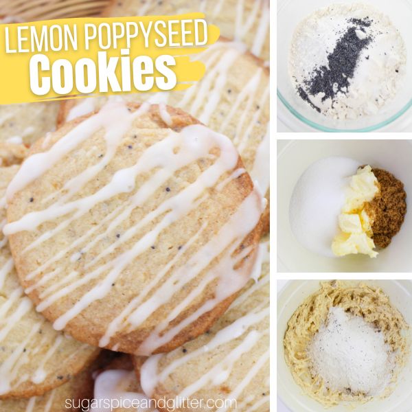 composite image of a glazed lemon poppyseed cookie along with three in-process images of how to make the recipe