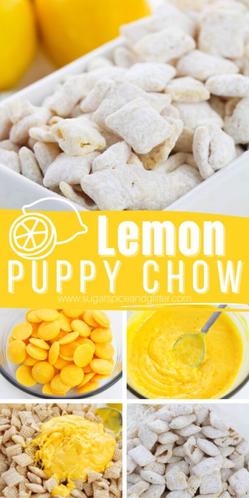 A delicious twist on a classic snack, these Lemon Muddy Buddies are a sweet and tangy treat that taste like a fresh burst of summer flavor in your mouth. Be warned though - these innocent-looking, bite-sized snacks are insanely good!