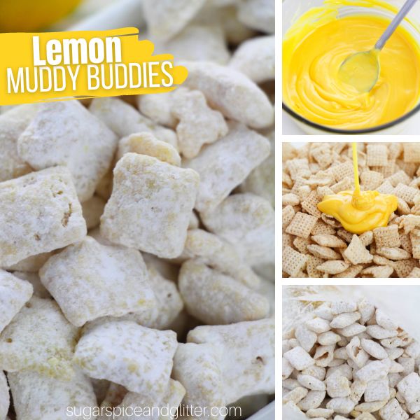 composite image of lemon muddy buddies in a white bowl along with three in-process images of how to make lemon muddy buddies
