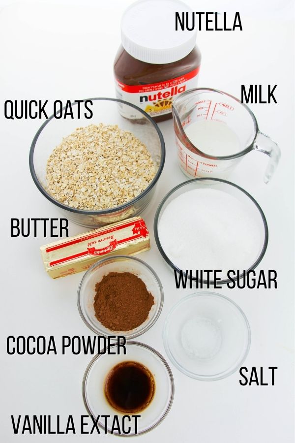 labeled ingredient image of ingredients needed to make nutella no bake cookies