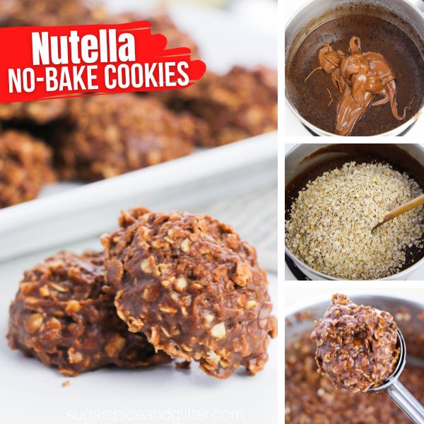 composite image of nutella cookies plus images showing how to make the recipe
